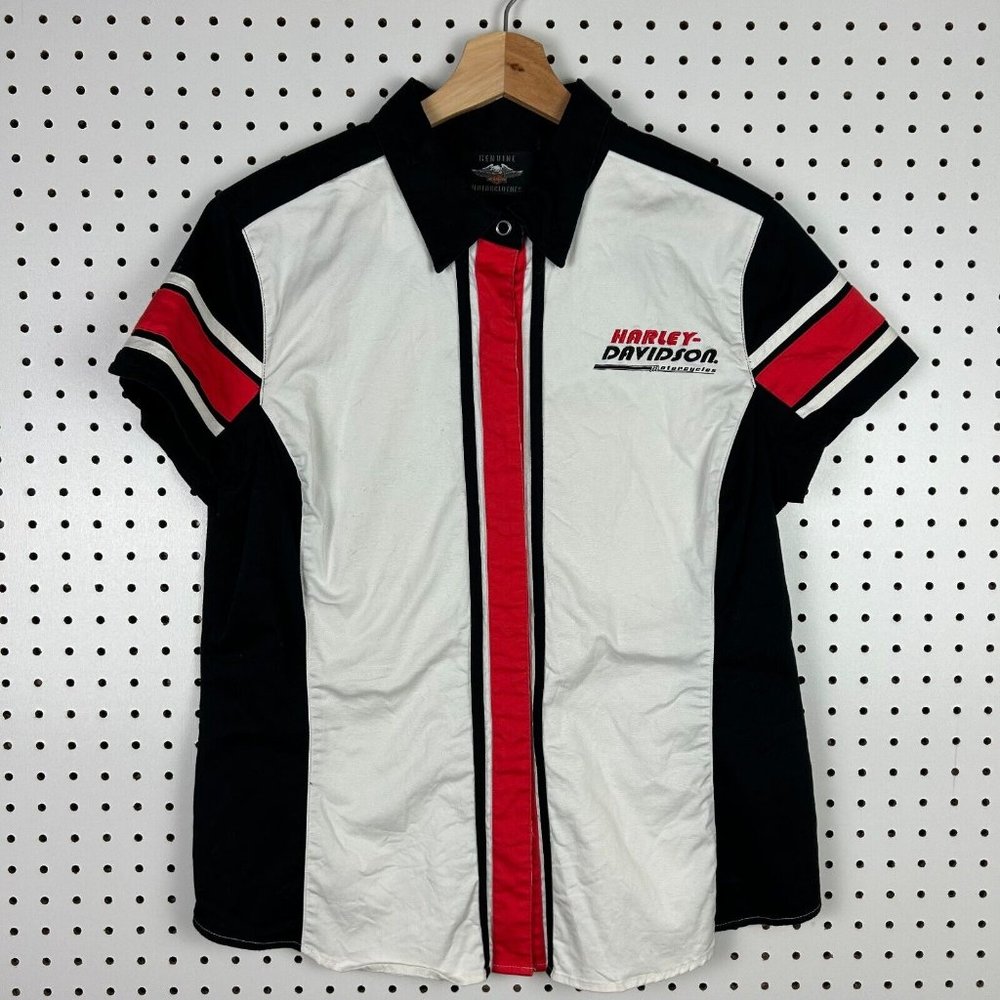 Harley-Davidson Black and White Button Down Shirt with Polo Collar